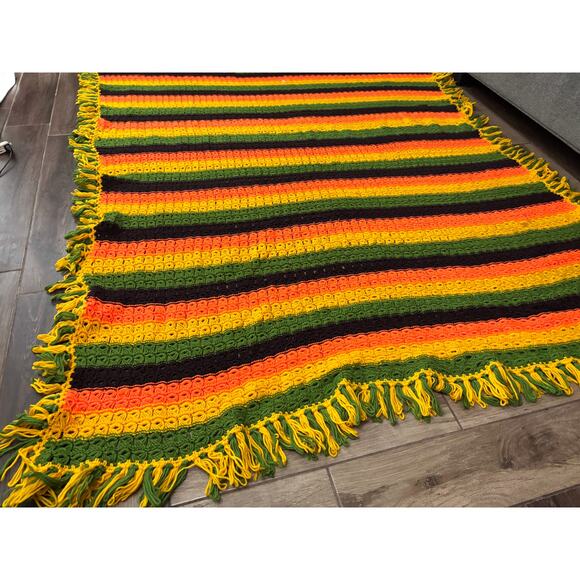 VTG Retro Crocheted Afghan Blanket 80"x67" Cottage Core Granny Orange Yellow - Picture 2 of 8